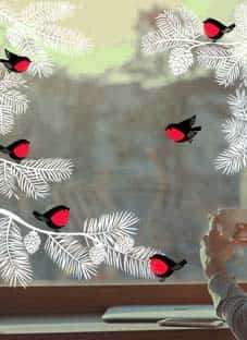 Дизайнерская наклейка на стену Снегири на еловых ветках (новогодние наклейки на окна)