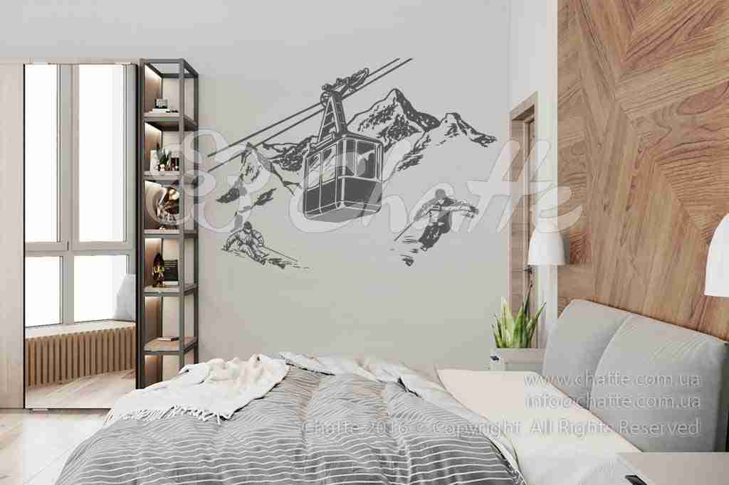 Виниловая наклейка на стену Горнолыжный курорт (подъемник, горы, лыжники)