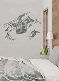Дизайнерская наклейка на стену Горнолыжный курорт (подъемник, горы, лыжники)