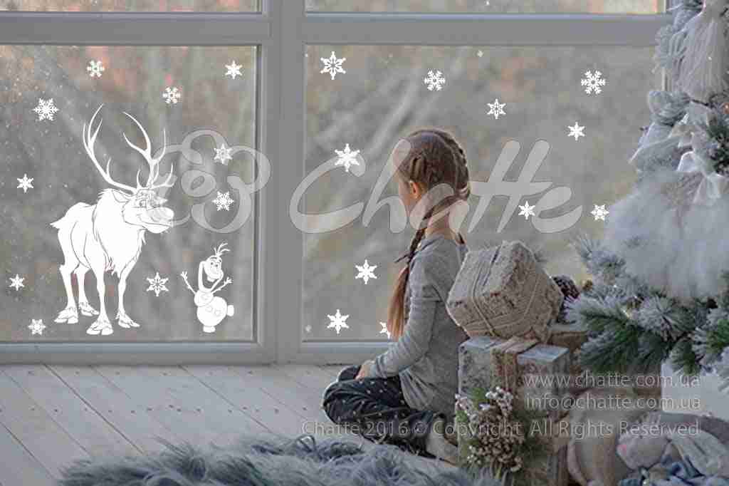 Виниловая наклейка на стену Олень Свен и снеговик Холодное сердце (на окно)